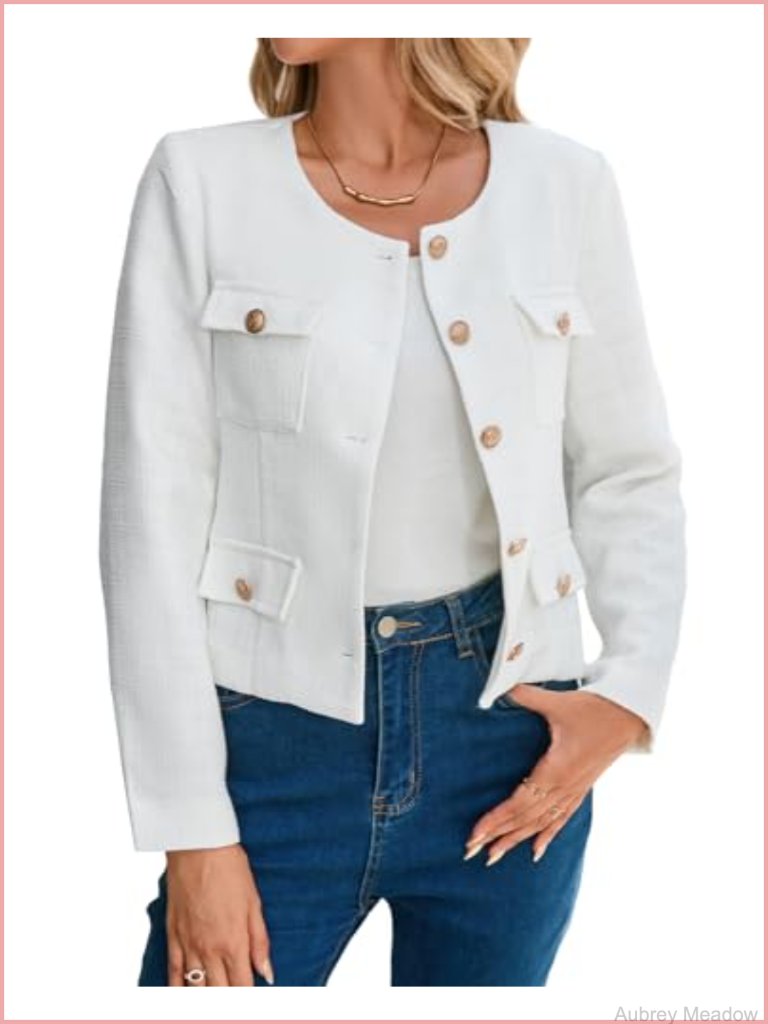 Cropped Tweed Blazer Collarless Button Down Casual Jacket With Pockets